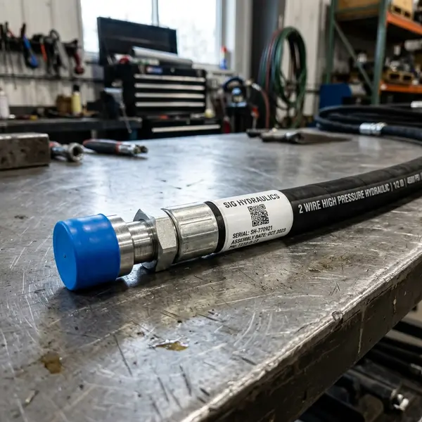 Finished high-pressure hydraulic hose assembly with blue heat-shrink cap, steel fitting, and custom QR label